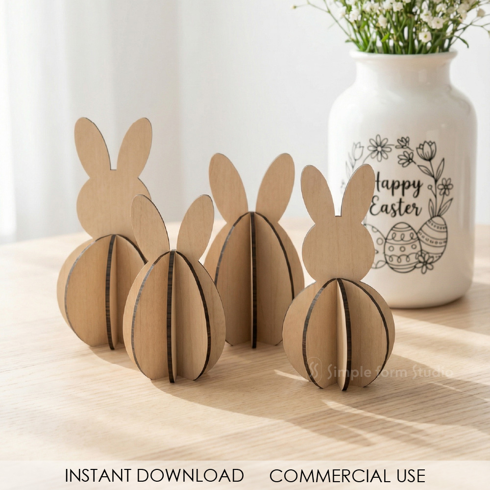 3D Bunnies Laser Cut Standing Easter SVG Wooden Slotted Bunny Easter Egg SVG Glowforge xTool CNC Laser File Spring Decor