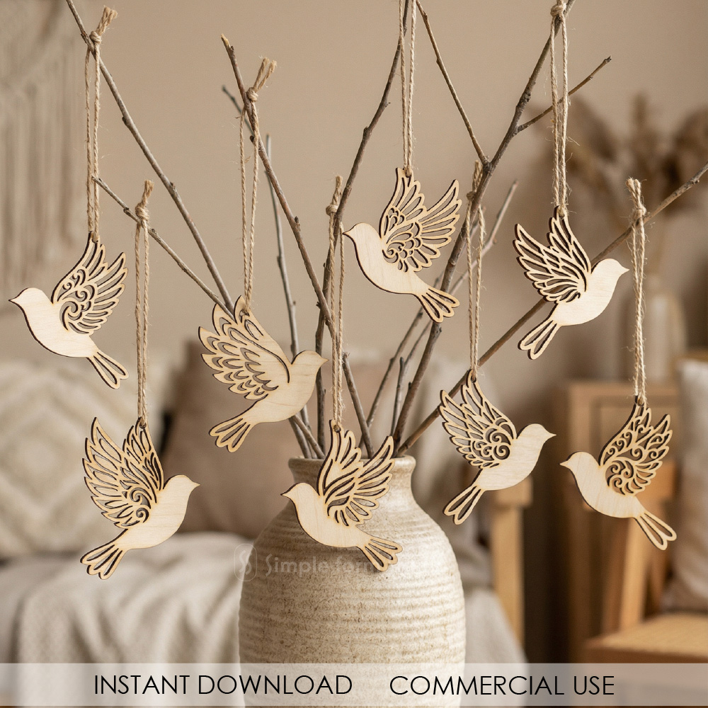 Bird Ornaments SVG Flying Bird Pendant Laser Cut File Spring Window Decor Hanging Ornaments Glowforge xTool CNC Digital Download