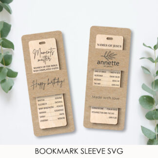 bookmark sleeve with text holding a Wooden bookmark laser cut SVG file on neutral styled background