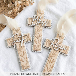 Christian Cross Ornament SVG set with 7 floral cross designs featuring Faith Hope Grace Bless and Risen for laser cutting on wood.