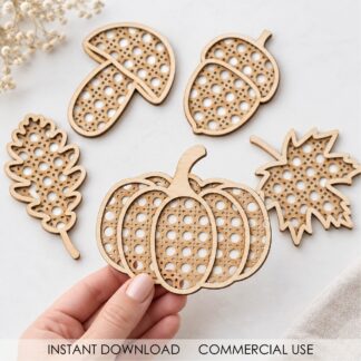 Fall SVG Bundle showing five two-layer laser cut designs including pumpkin, leaves, mushroom and acorn on natural plywood