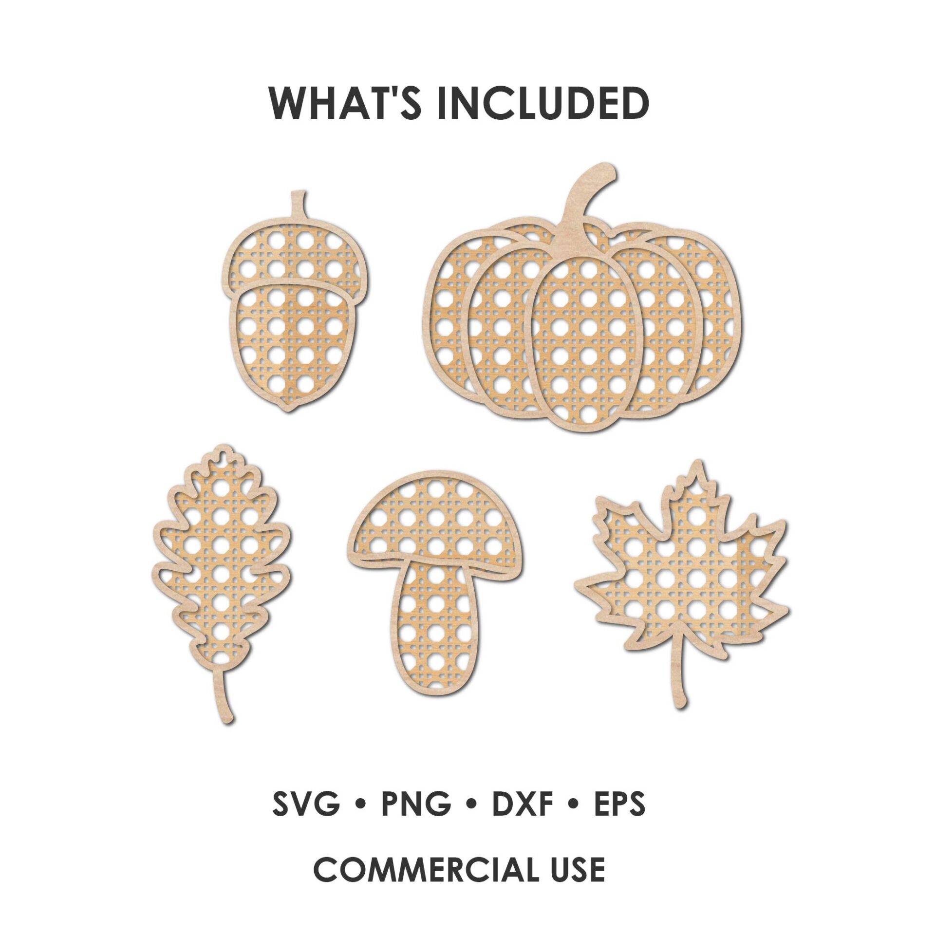 Fall SVG Bundle with five individual autumn designs arranged as laser-cut plywood layers