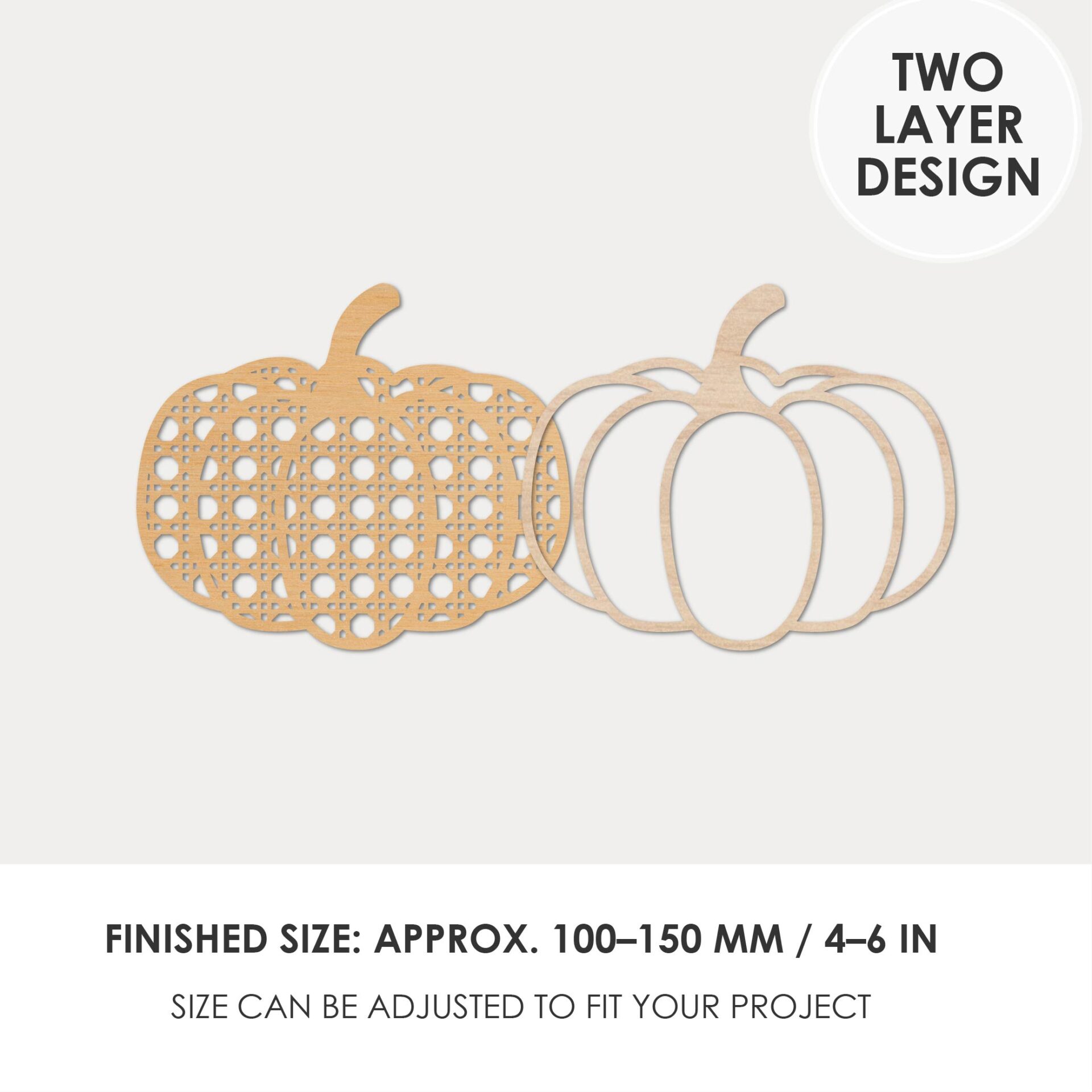 Fall SVG Bundle showing two-layer pumpkin, leaf, mushroom and acorn-inspired designs with natural wood texture