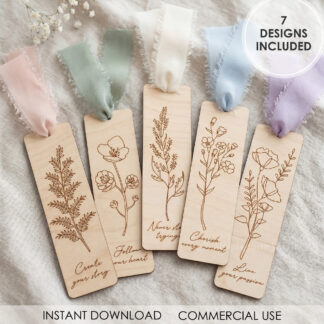 Floral bookmark SVG set of 7 botanical designs laser cut on wood with engraved flower silhouettes minimal style ready for Glowforge and Cricut