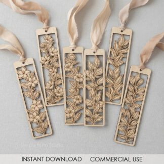 Floral Bookmark SVG Laser Cut Files Botanical Wooden Bookmarks Flower Engraved Designs For Glowforge Cricut