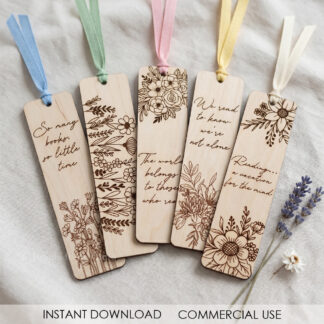 Floral engraved wooden bookmarks with tassels laser cut SVG files displayed as a set of elegant reading accessories