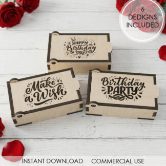 Laser Cut Birthday Box SVG Gift Box Files Wooden Birthday Favor Box Glowforge Xtool CNC SVG