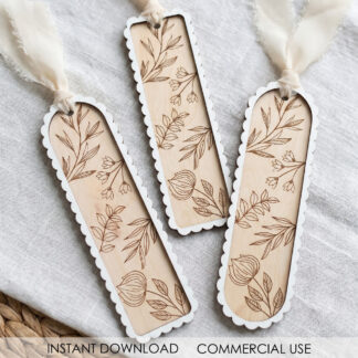 Layered Floral Bookmark SVG laser cut from wood, showing botanical layered design, single-layer version, engraved option, and bookmark with wrench hole.