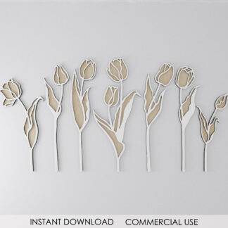 Layered wooden tulip flowers laser cut SVG file arranged as bouquet decor on neutral background