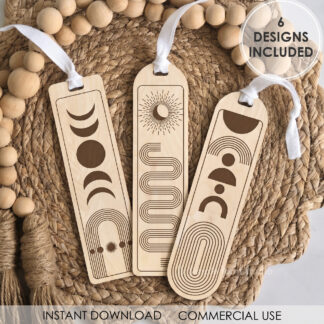 Boho Bookmark SVG Bundle showing 6 modern geometric laser cut bookmarks in plywood with abstract minimal shapes for Glowforge and Cricut.