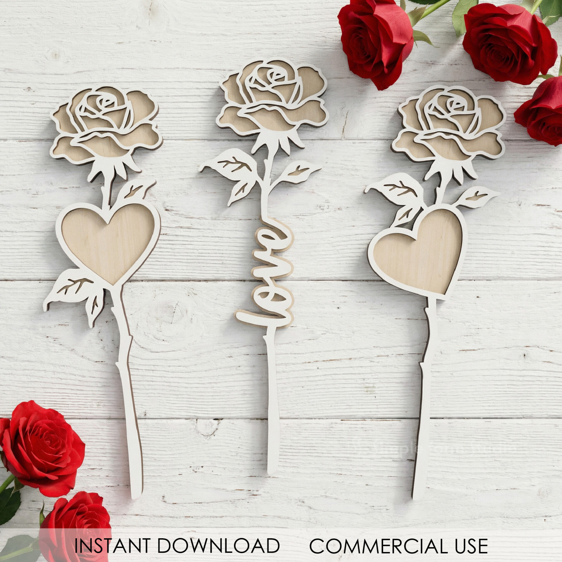 Valentine’s Day Rose SVG Bundle Laser Cut Files Romantic Gift Glowforge Cricut CNC Two Layered Flower SVG