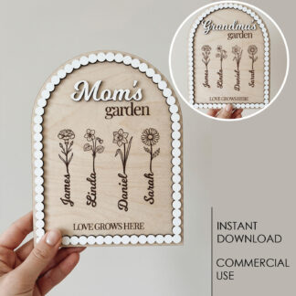 Birth Month Flower Mothers Day Sign Svg Mom’s Garden Grandma’s Garden Personalized Family Flower Sign Laser Cut Files Glowforge