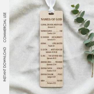 Laser cut wooden bookmark displaying Names of God including Jehovah Jireh El Shaddai and Adonai with engraved Hebrew scripture titles shown with kraft paper sleeve packaging templates for religious gift presentation