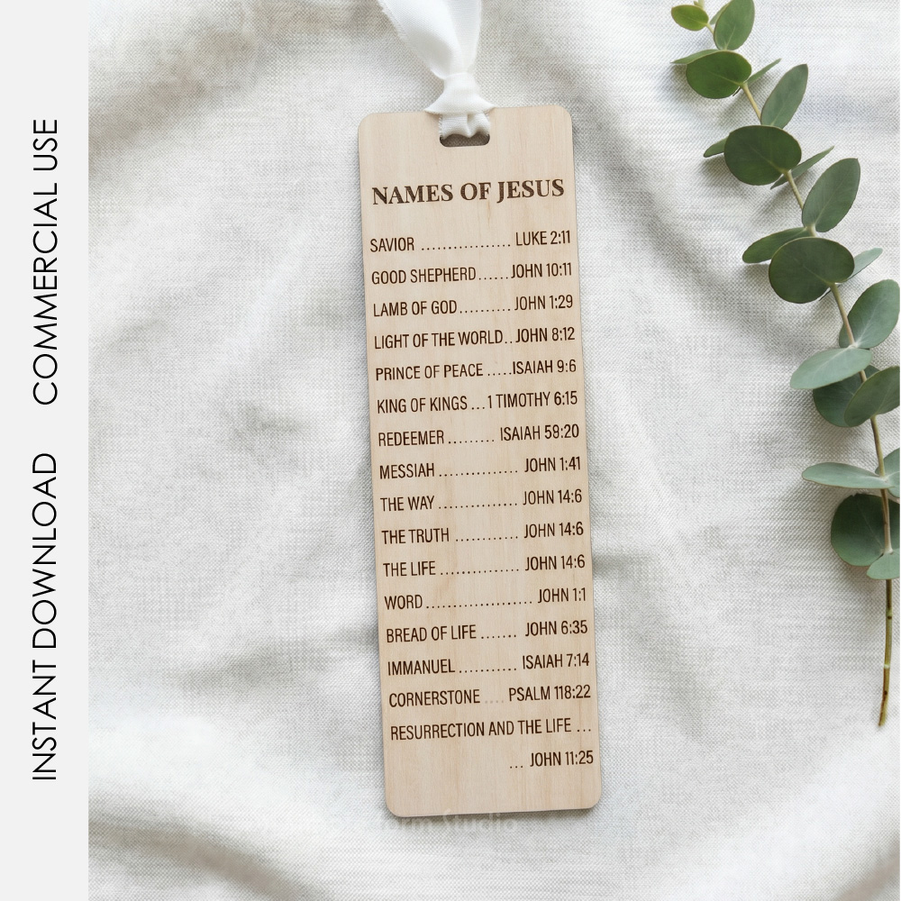 Wooden laser engraved bookmark displaying Names of Jesus with Bible verse references, shown with cardboard sleeve packaging, SVG file preview for Glowforge and Cricut cutting machines, religious scripture design in two engraving versions