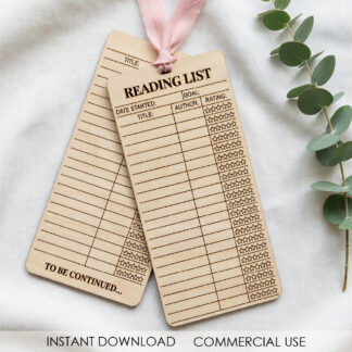 Wooden reading list bookmark with vintage library card design showing columns for title, author, date started, goal, and star rating, laser engraved on light plywood with pink ribbon, displayed with eucalyptus leaves on neutral background