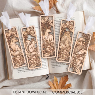 Woodland animal bookmark SVG set of five engraved wood bookmarks with fox squirrel deer owl and hedgehog on autumn styled table