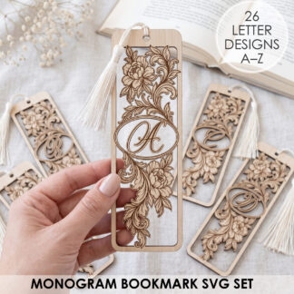 Monogram bookmark SVG set with 26 floral letter designs held in hand, laser cut on wood for Glowforge and xTool engraving
