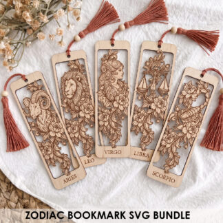 Zodiac bookmark SVG set showing 12 floral astrology designs laser cut and engraved on wood for Glowforge and xTool
