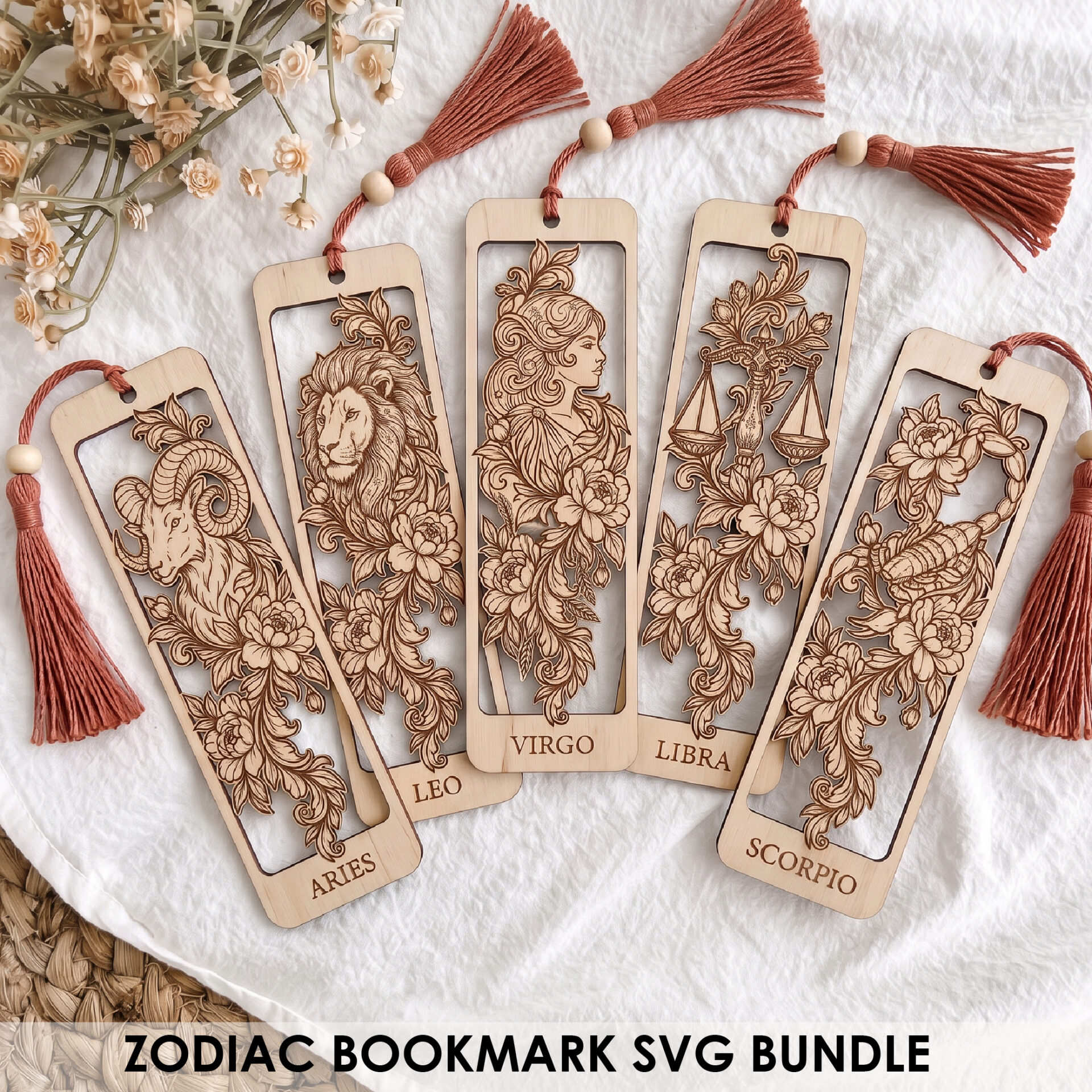 Zodiac bookmark SVG set showing 12 floral astrology designs laser cut and engraved on wood for Glowforge and xTool