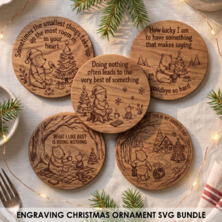 Christmas Coaster SVG bundle preview showing five round vintage engraved wood coaster and serving board designs with holiday scenes and cozy quotes, including a Pooh-style bear