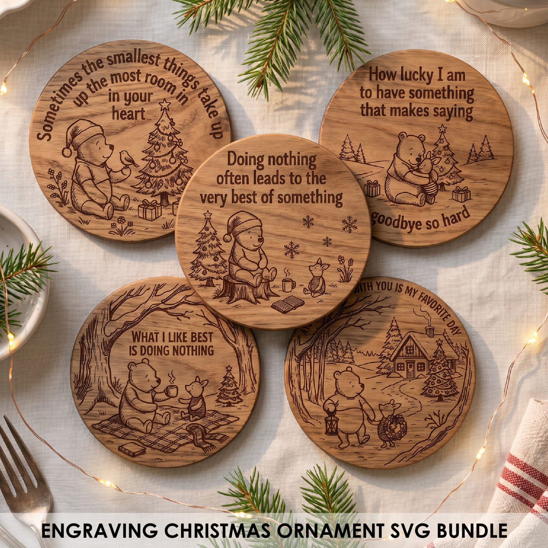 Christmas Coaster SVG bundle preview showing five round vintage engraved wood coaster and serving board designs with holiday scenes and cozy quotes, including a Pooh-style bear