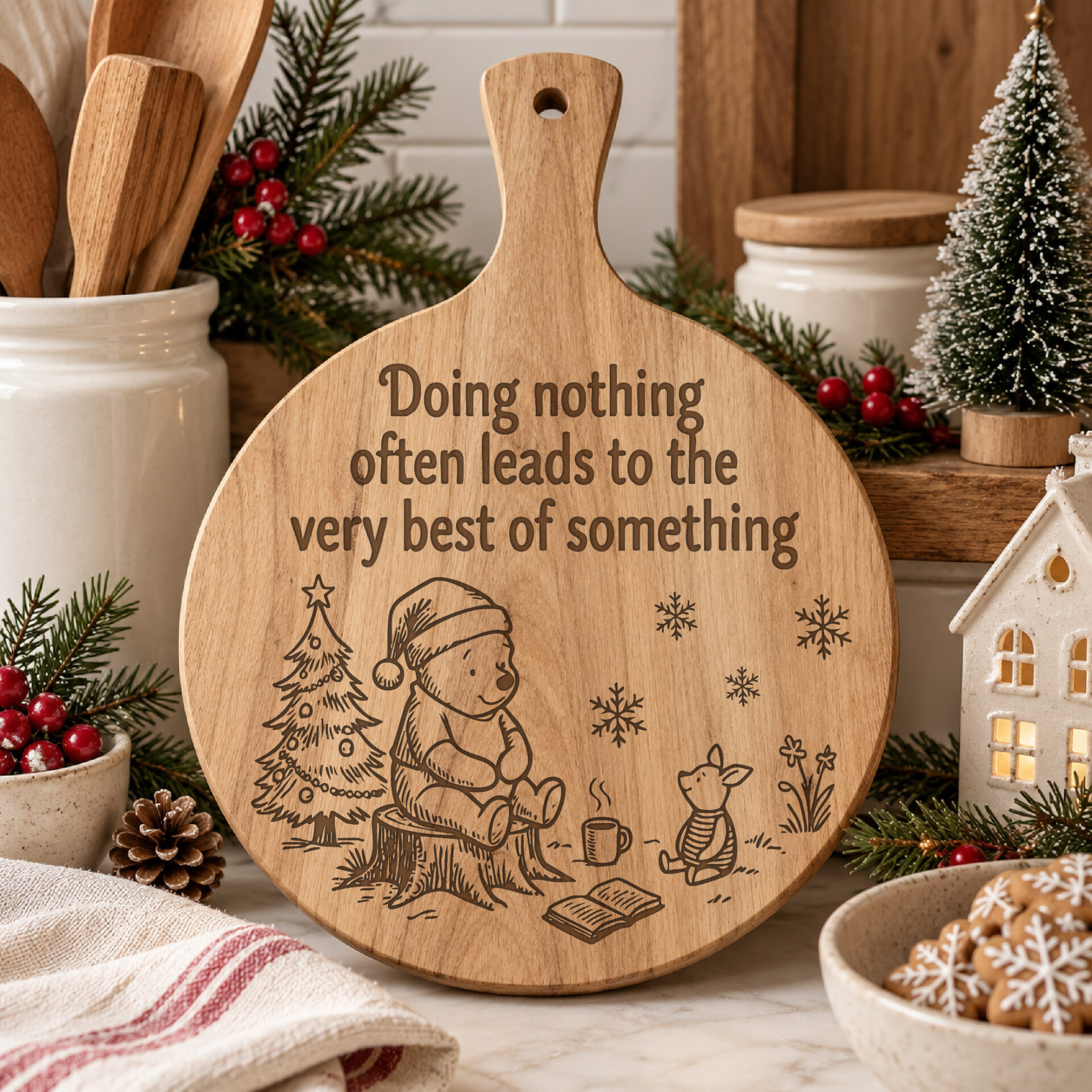 Winnie the Pooh Christmas Coaster SVG Bundle for Laser Engraving, 5 Vintage Holiday Wood Designs & Serving Board Files - Image 4
