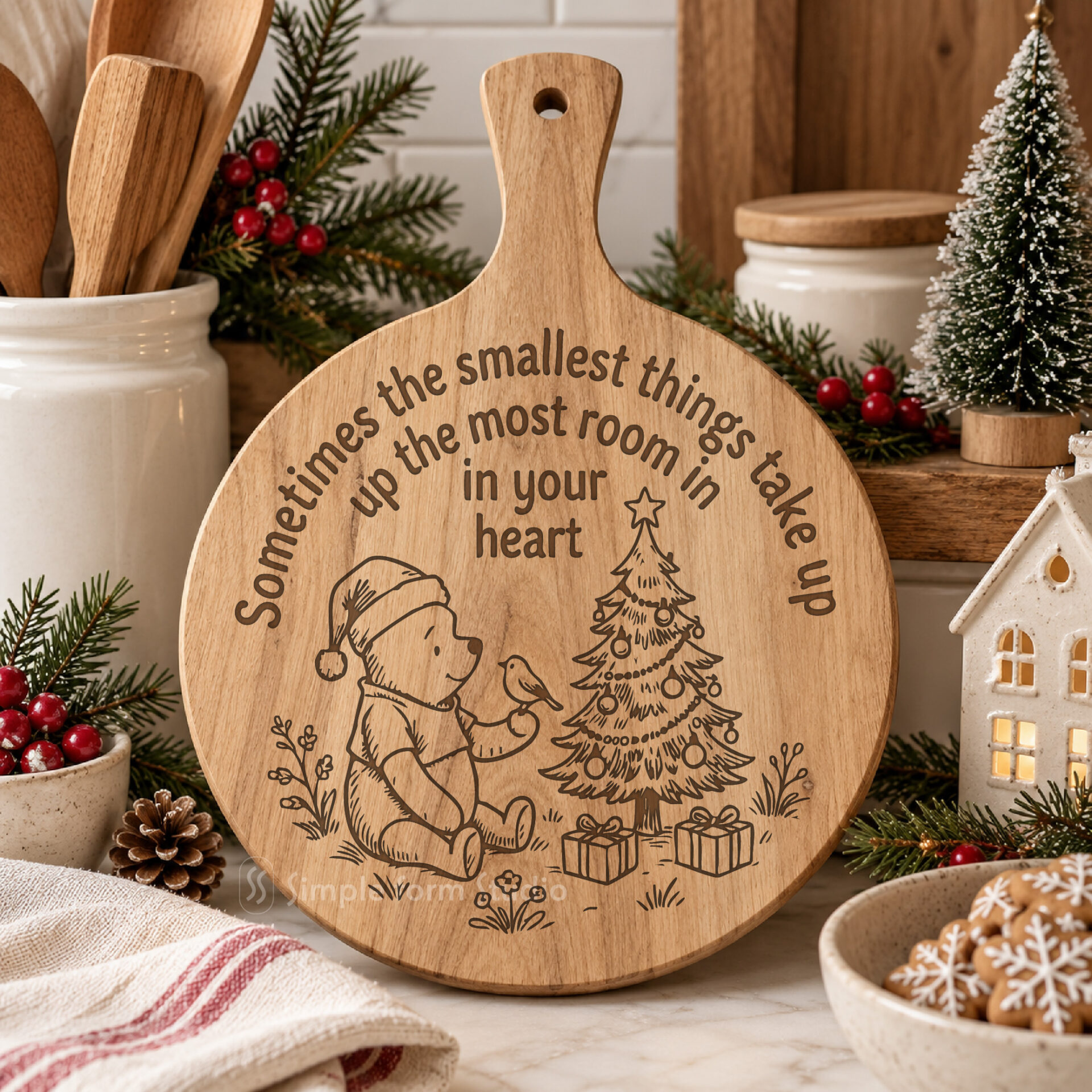 Winnie the Pooh Christmas Coaster SVG Bundle for Laser Engraving, 5 Vintage Holiday Wood Designs & Serving Board Files - Image 5