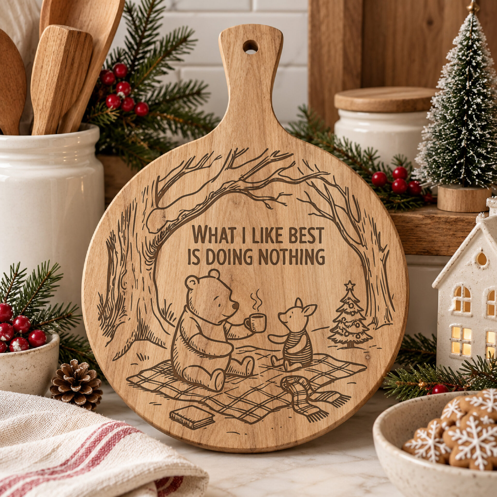 Winnie the Pooh Christmas Coaster SVG Bundle for Laser Engraving, 5 Vintage Holiday Wood Designs & Serving Board Files - Image 6