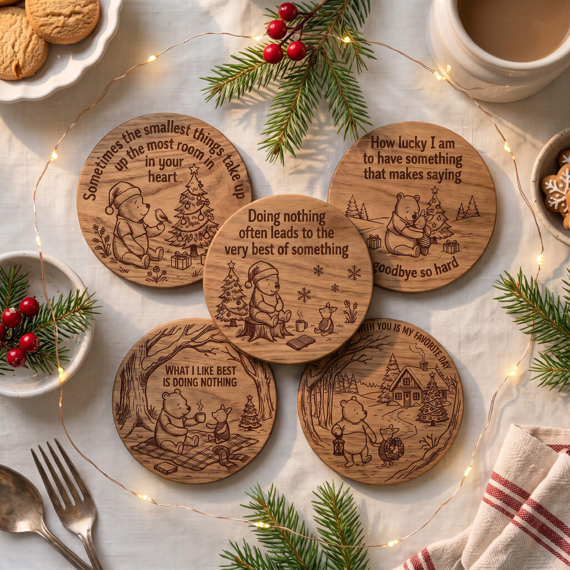 Winnie the Pooh Christmas Coaster SVG Bundle for Laser Engraving, 5 Vintage Holiday Wood Designs & Serving Board Files - Image 7