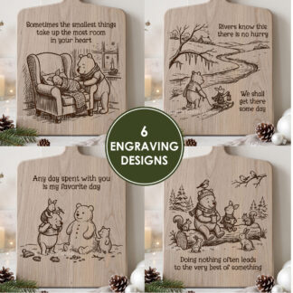 Christmas laser engraving SVG bundle preview showing 6 vintage winter designs engraved on wooden boards with a snowy holiday background