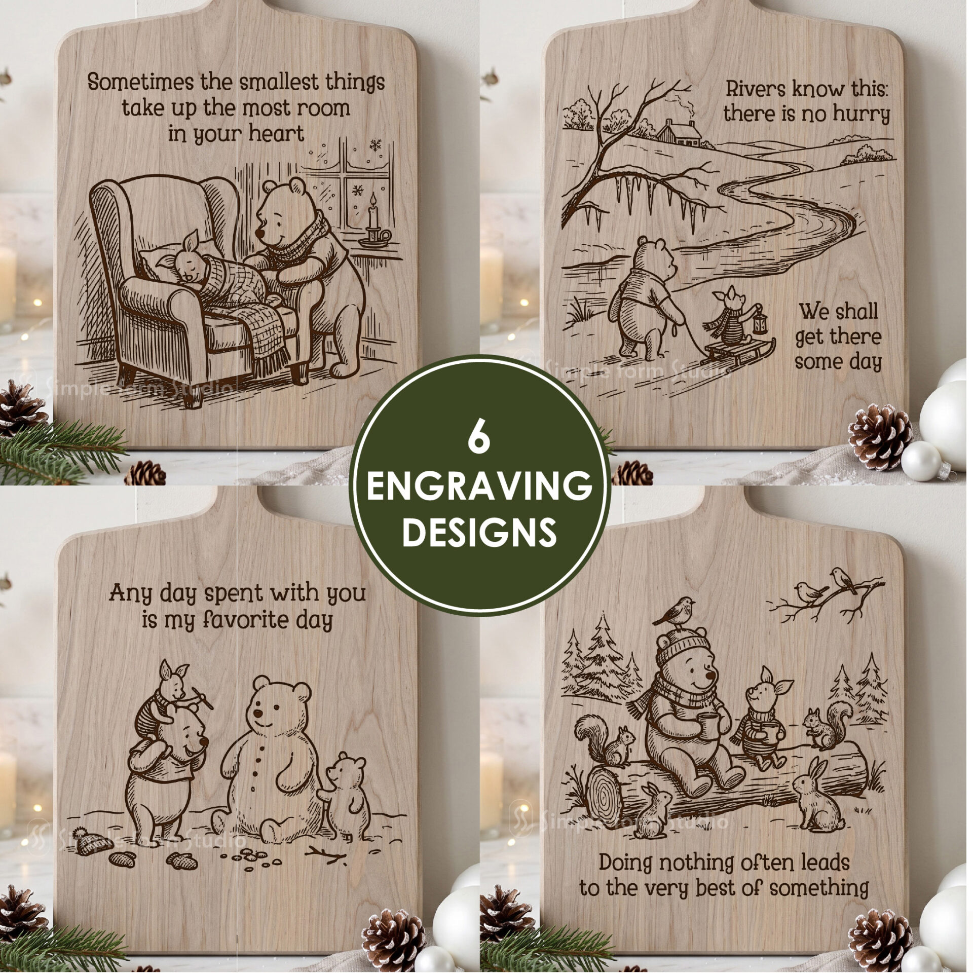 Christmas laser engraving SVG bundle preview showing 6 vintage winter designs engraved on wooden boards with a snowy holiday background