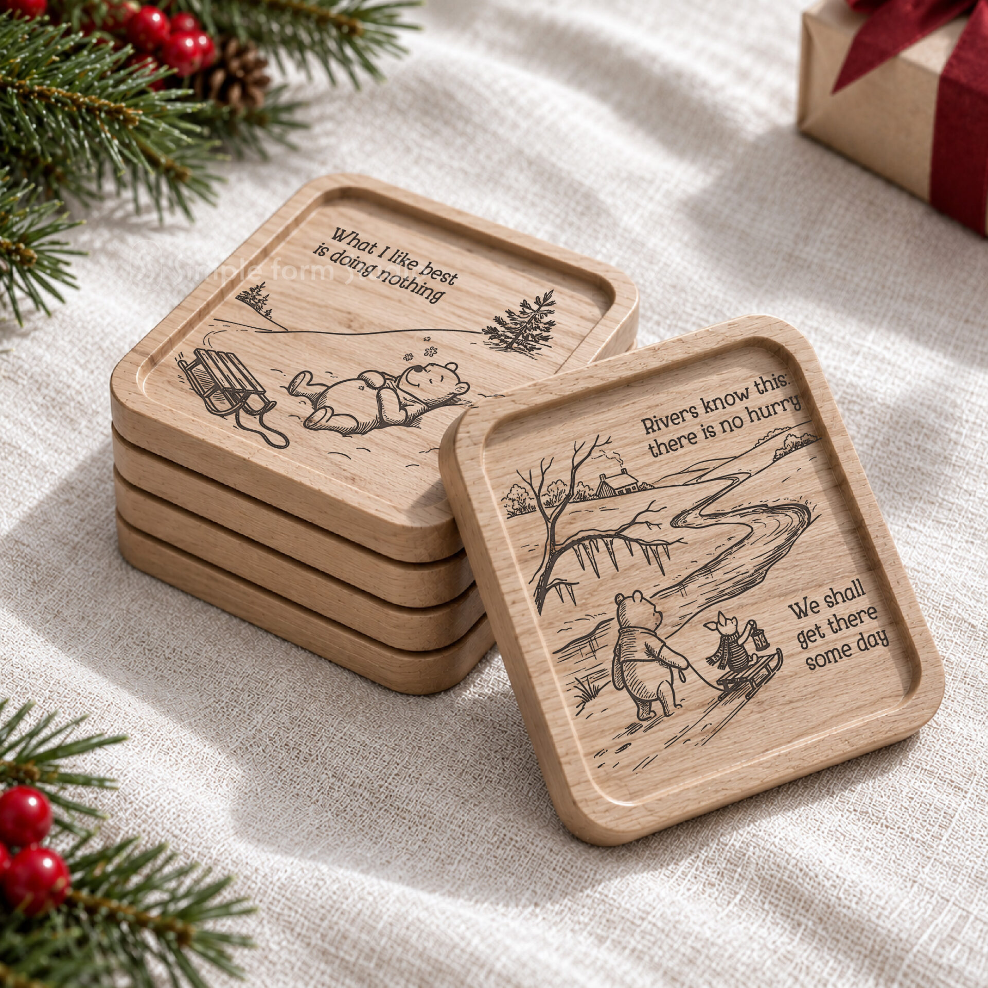 Winnie the Pooh Christmas Laser Engraving SVG Bundle for Cutting Boards, Wooden Signs and Gift Boxes with Vintage Winter Designs - Image 6