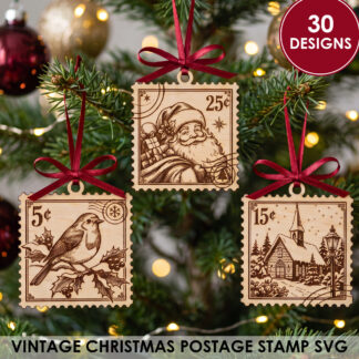 Vintage Christmas Stamp SVG Bundle for Laser Cut Ornaments, Gift Tags and Holiday Garland Decor