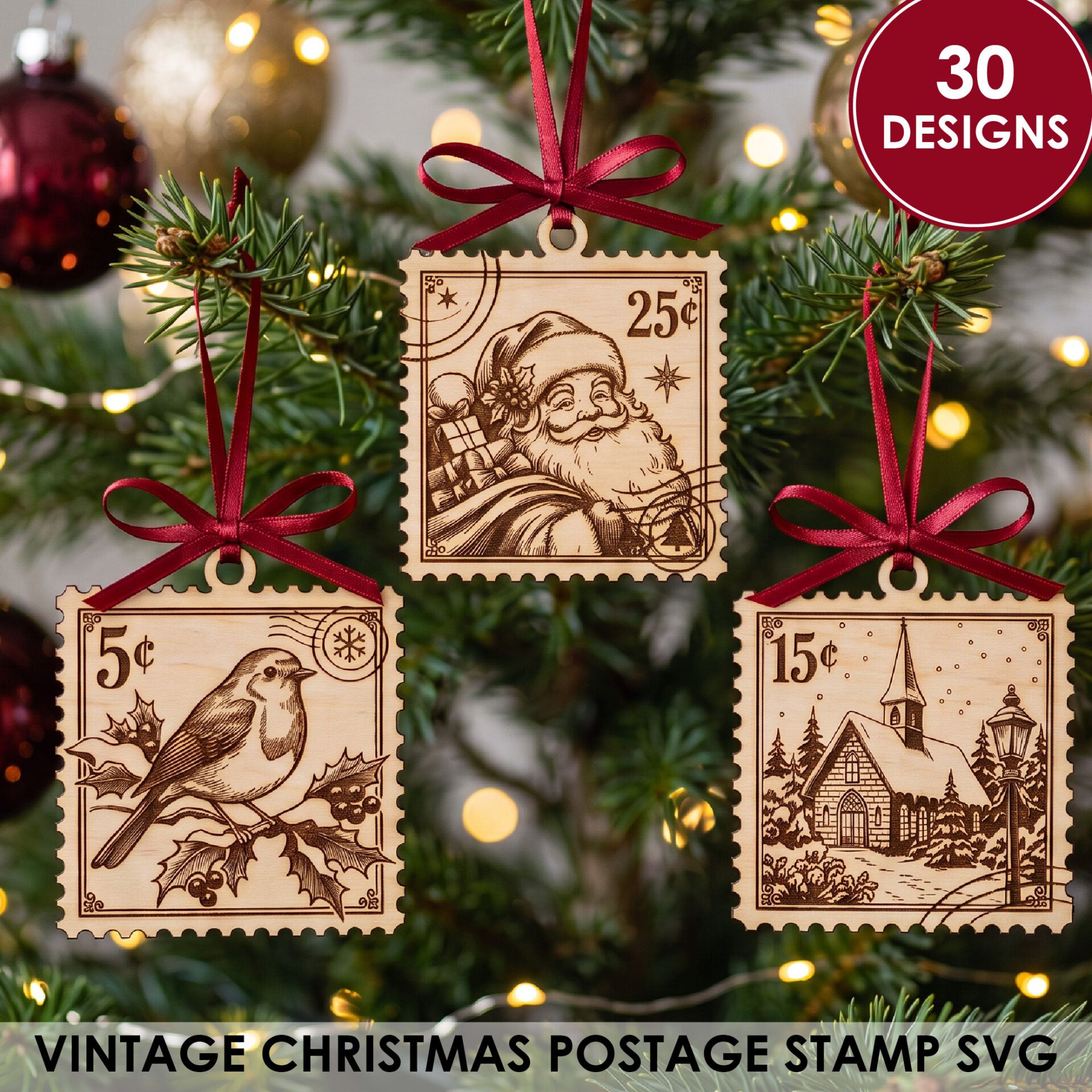 Vintage Christmas Stamp SVG Bundle for Laser Cut Ornaments, Gift Tags and Holiday Garland Decor
