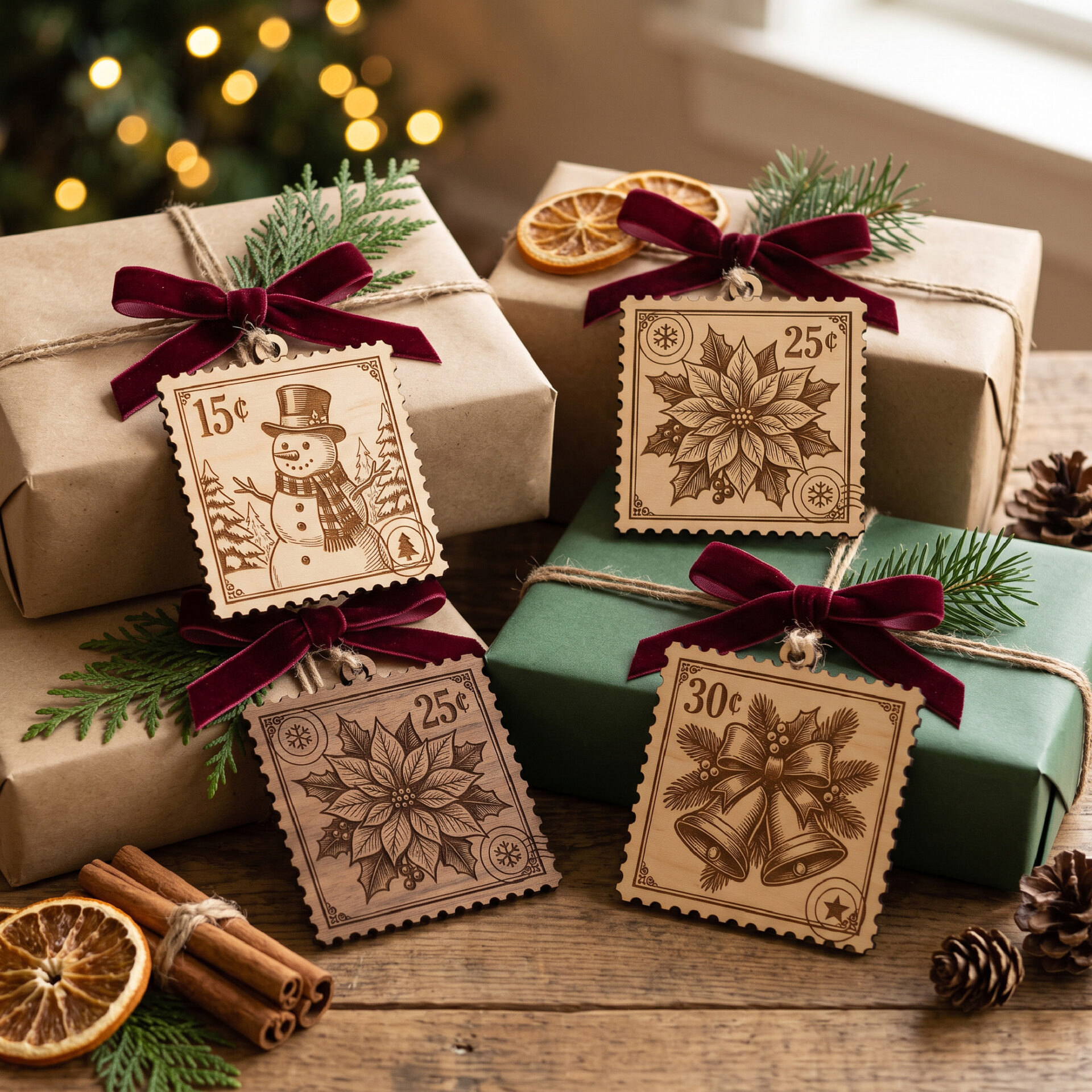 Vintage Christmas Stamp SVG Bundle for Laser Cut Ornaments, Gift Tags and Holiday Garland Decor - Image 3