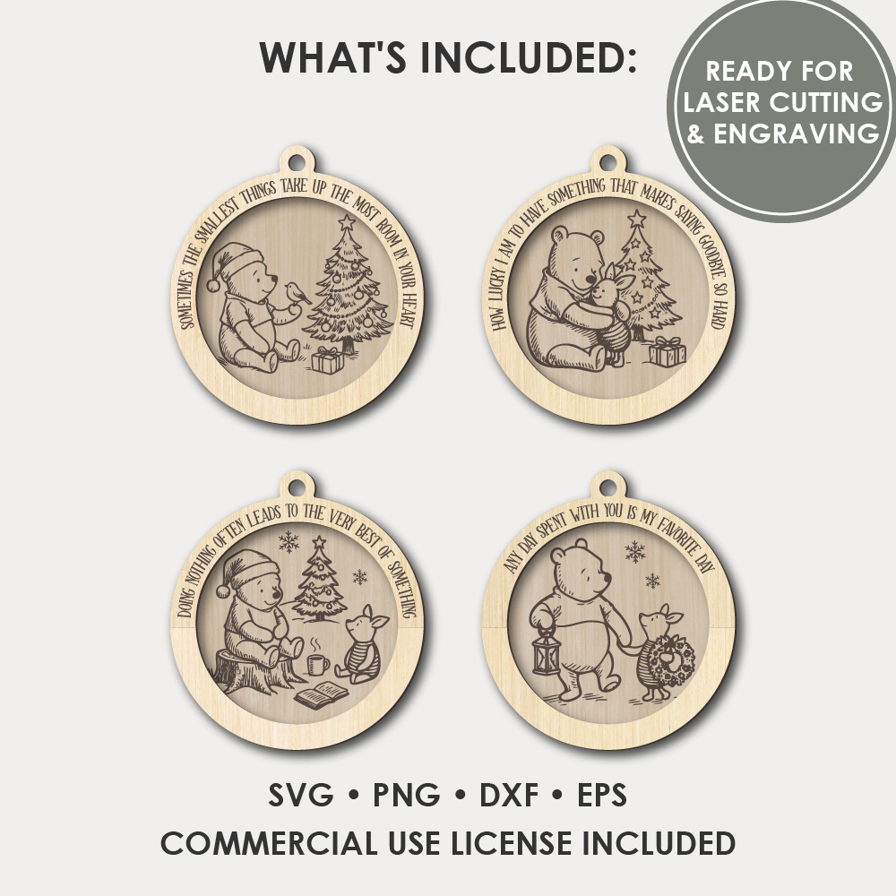 Winnie the Pooh Christmas Ornament SVG Bundle for Laser Cutting and Wood Engraving Holiday Decor - Image 3
